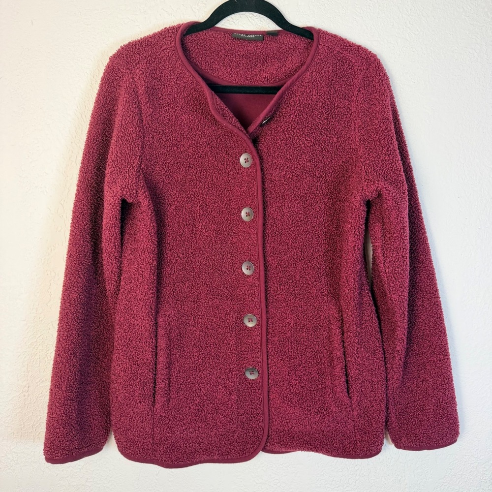 Susan Graver Women's XS Oversized Burgundy Sherpa Button Front Shacket